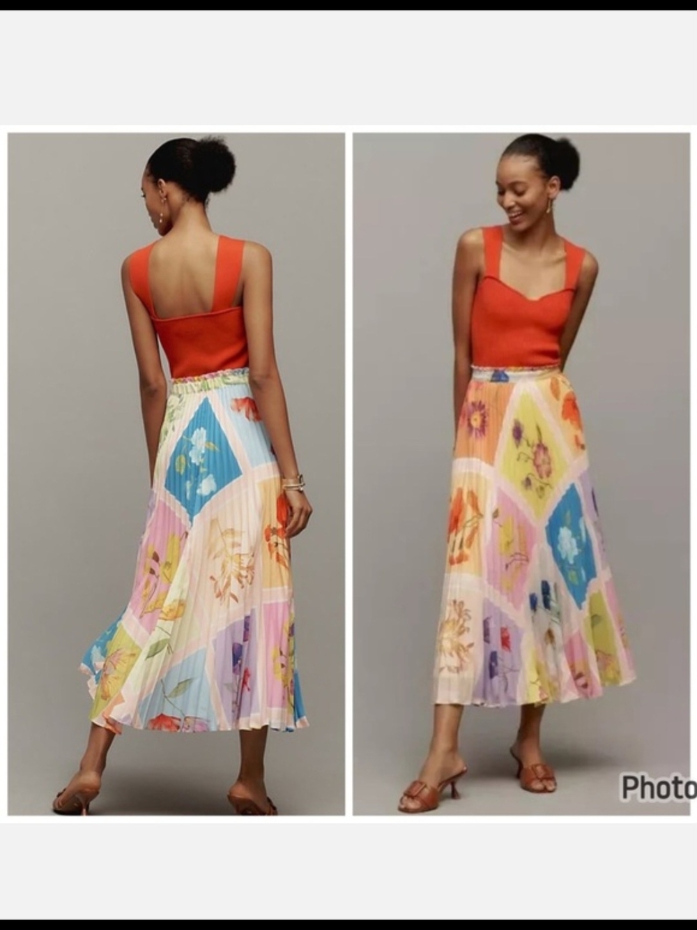Anthropologie The Isobel Silky Pleated Midi Skirt Floral Colorblock Rainbow